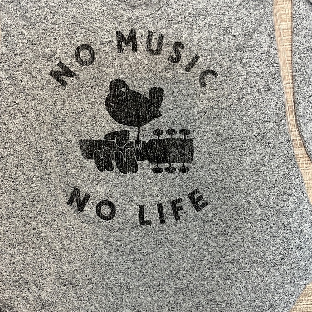 NWT Woodstock Retro Brand Long Sleeve Gray Marled Sweater No Music No Life Sz XS - Picture 7 of 12
